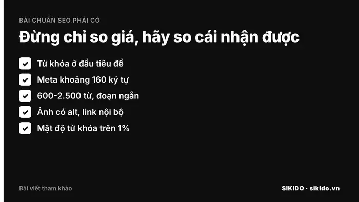 bảng kiểm tra khi so s&aacute;nh gi&aacute; viết b&agrave;i chuẩn SEO